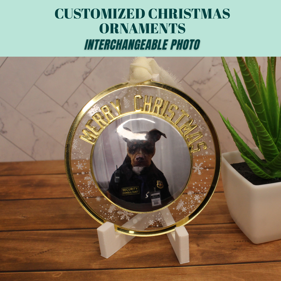 Interchangeable photo ornament displayed as a holiday keepsake